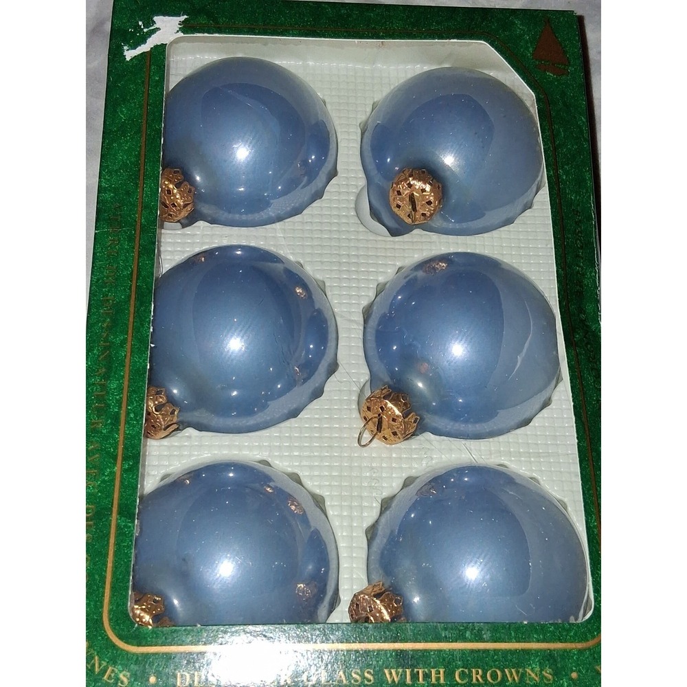 Vintage Christmas by Krebs Blue Indent Glass Ornaments Set of 6 Made in USA Box